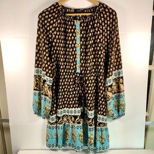 Boho tassel tie brown blue paisley/floral button ruffle flowy mini peasant dress